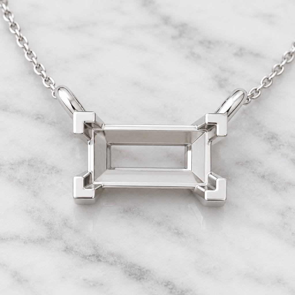 Baguette Pendant Setting 4x2mm, Tiny 925 Silver Semi Mount with 4 Corner Claws and Two Loops, Empty Necklace Blank, Setting Only