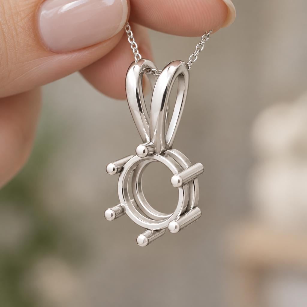 6.5mm Round Pendant Setting, 925 Sterling Silver Semi Mount with 6 Ball Tip Rod Prongs and V Looped Bail, Blank Necklace Mount