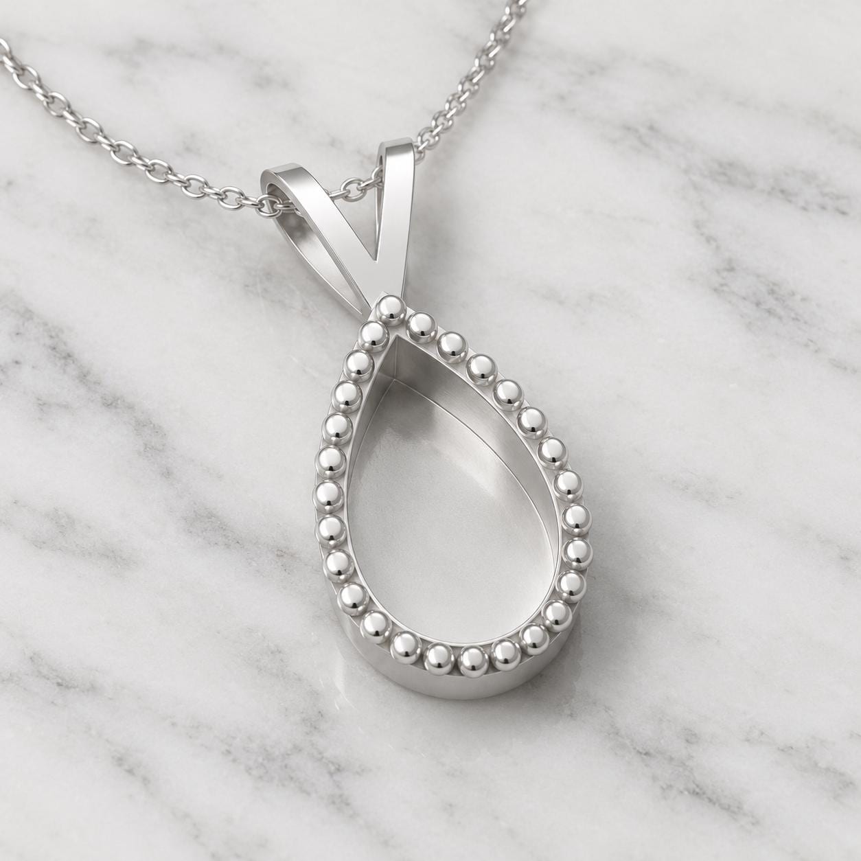 Pear Bead Bezel Pendant Mount 10x14mm, Teardrop Cup with One Row of Small Beads, 925 Sterling Silver Semi Mount Pendant