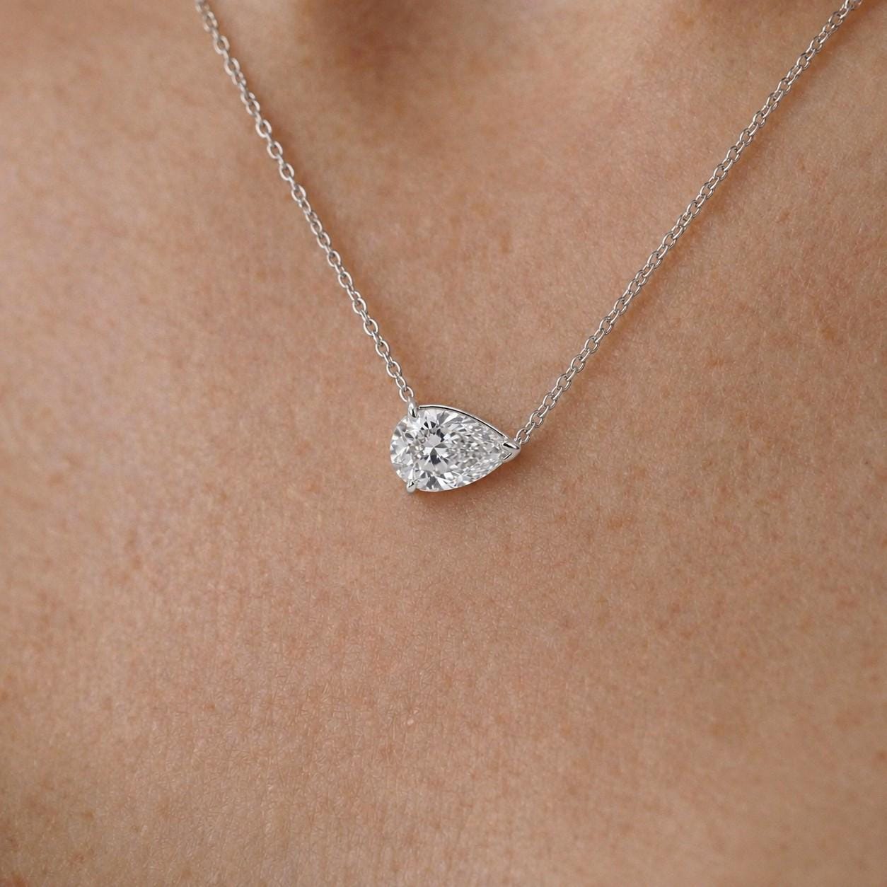 Moissanite Pear Necklace, East West Pear Pendant, Diamond Alternative, VVS Colorless Dainty Minimalist Solitaire Gift for Her