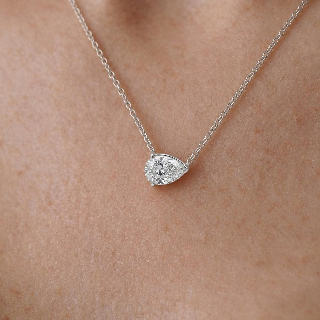 Moissanite Pear Necklace, East West Pear Pendant, Diamond Alternative, VVS Colorless Dainty Minimalist Solitaire Gift for Her