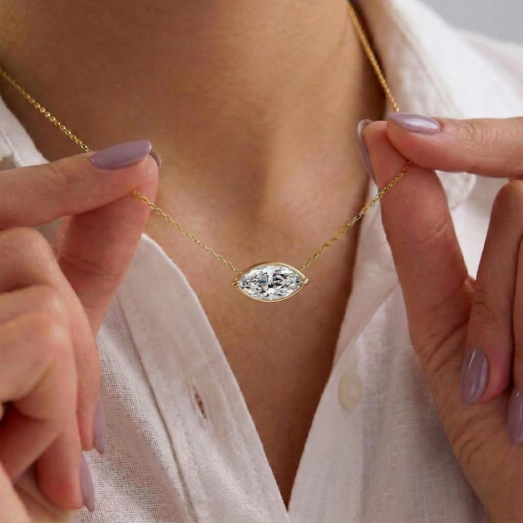 Marquise Cut Moissanite Necklace, April Birthstone Marquise Pendant, East West Solitaire 13x6.5mm, Dainty Necklace Gift for Her