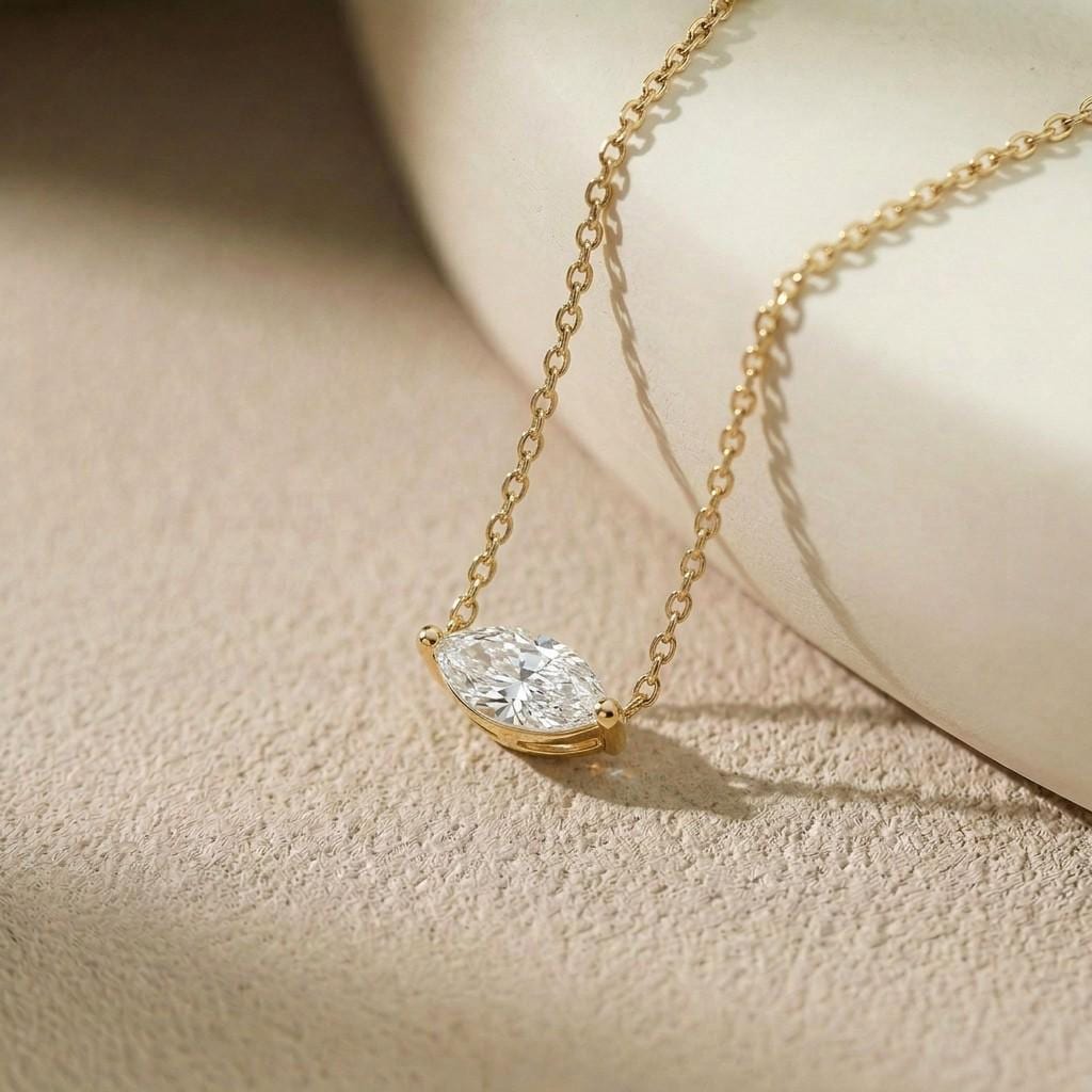 Marquise Cut Moissanite Necklace, April Birthstone Marquise Pendant, East West Solitaire 13x6.5mm, Dainty Necklace Gift for Her