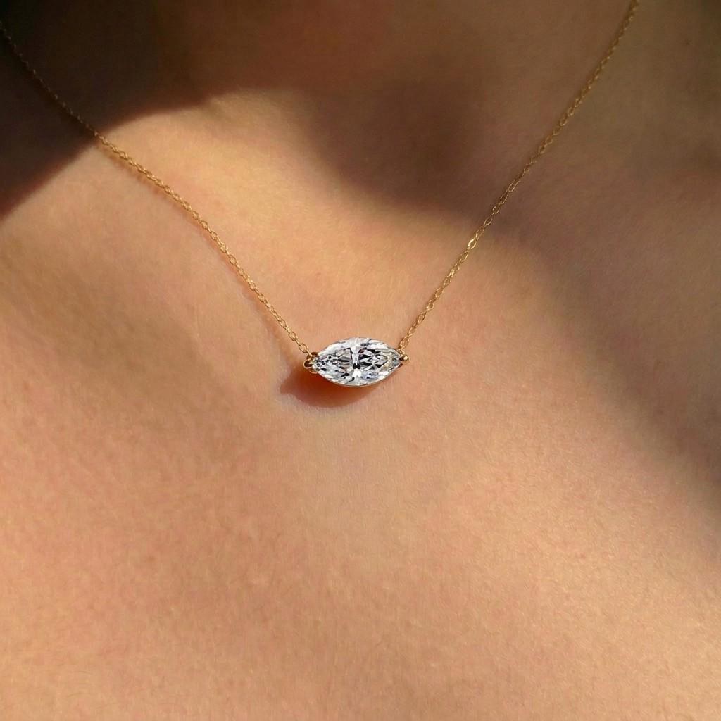 Marquise Cut Moissanite Necklace, April Birthstone Marquise Pendant, East West Solitaire 13x6.5mm, Dainty Necklace Gift for Her