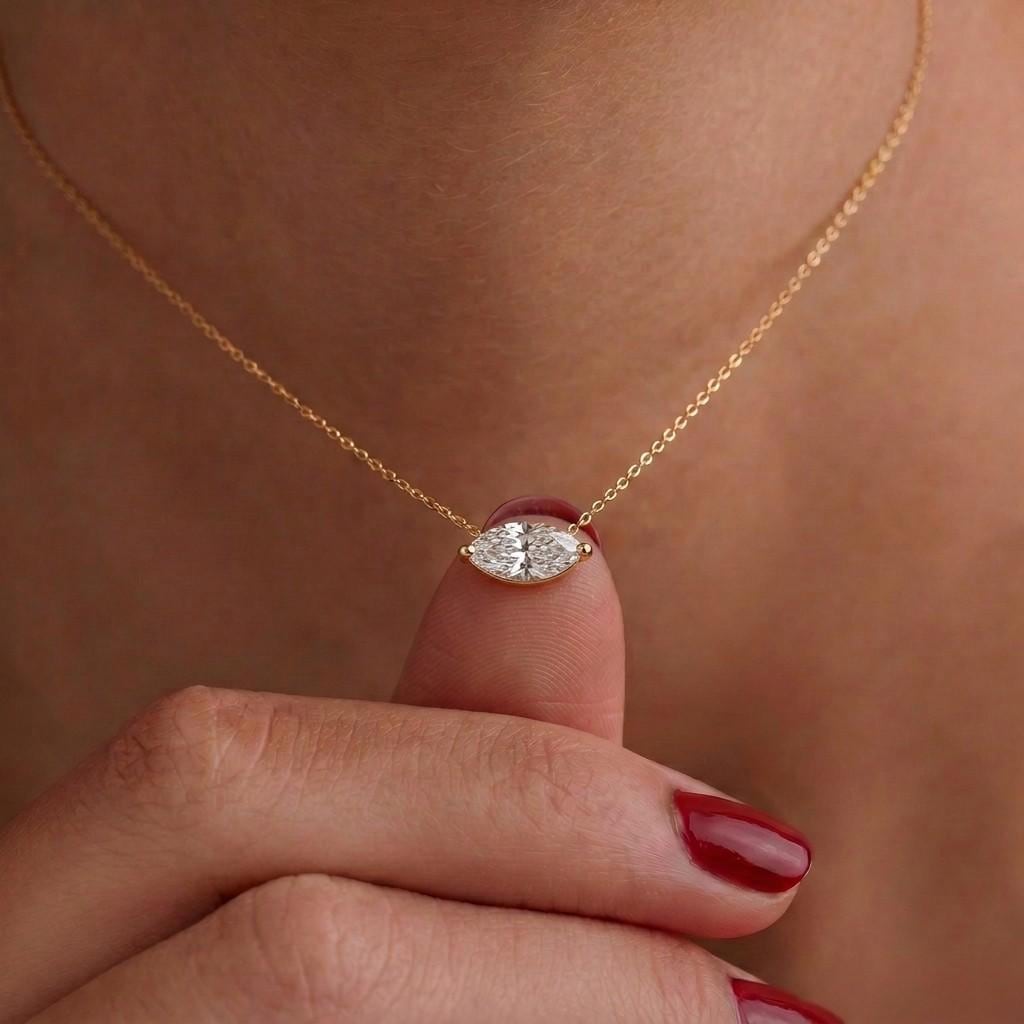 Marquise Cut Moissanite Necklace, April Birthstone Marquise Pendant, East West Solitaire 13x6.5mm, Dainty Necklace Gift for Her