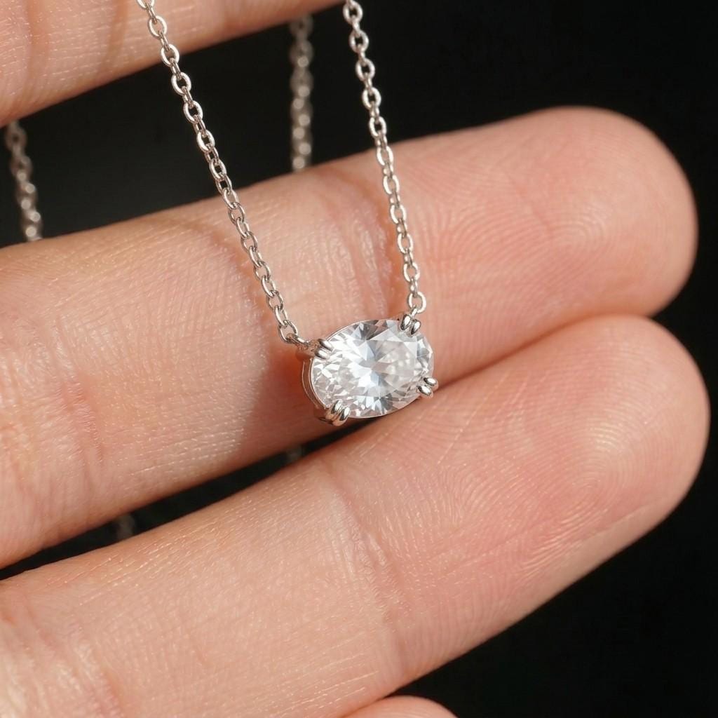 Moissanite Oval Necklace, East West Oval Pendant, Horizontal Solitaire Pendant, Diamond Alternative, Dainty Minimalist Gift for Her