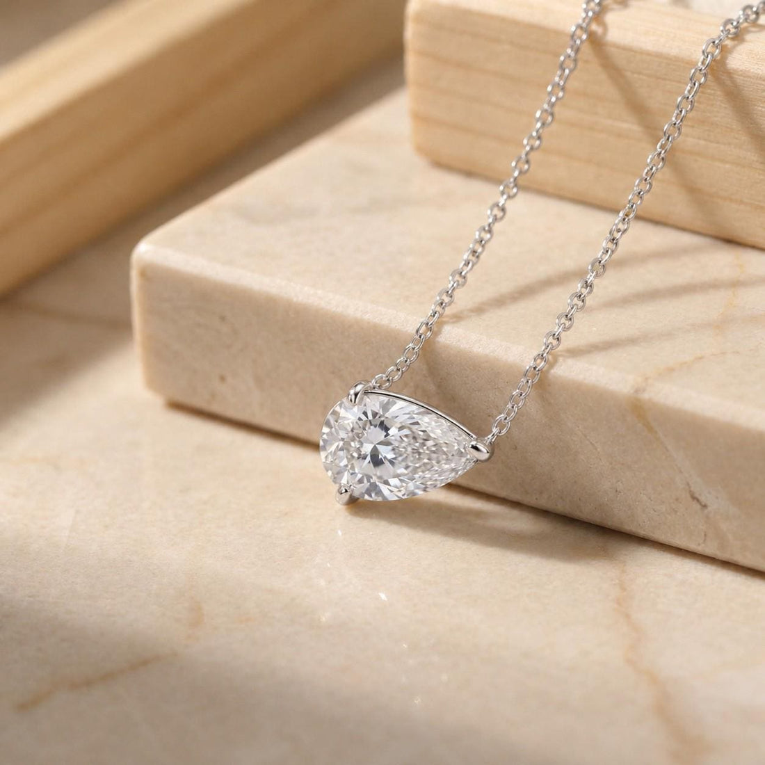 Moissanite Pear Necklace, East West Pear Pendant, VVS Colorless Dainty Minimalist Solitaire Necklace Gift for Her