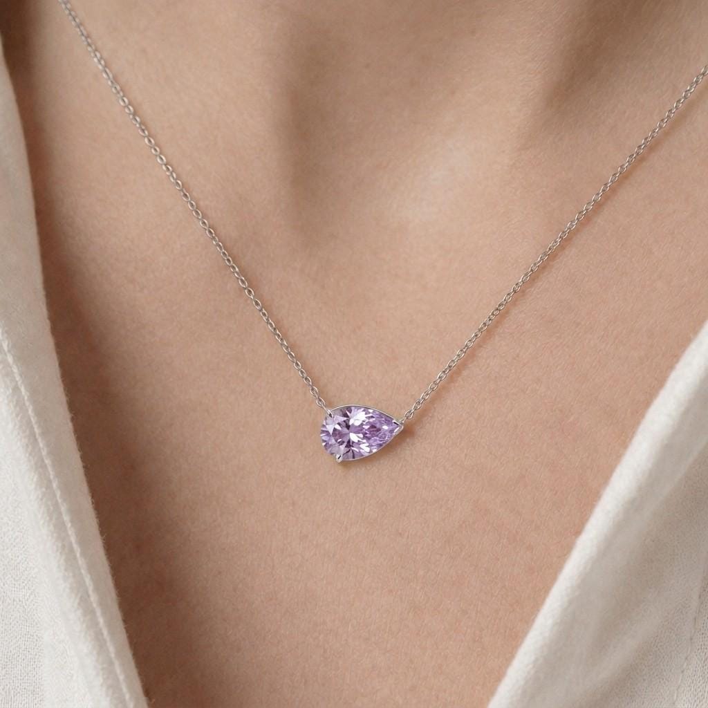 Alexandrite Necklace, June Birthstone Pear Pendant, East West Alexandrite Solitaire, Dainty Birthday Gift for Her