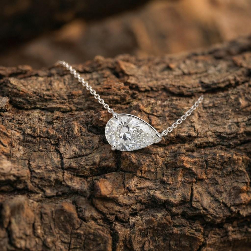 Moissanite Necklace, April Birthstone Pear Pendant, East West Diamond Alternative Solitaire, Dainty Birthday Gift for Her