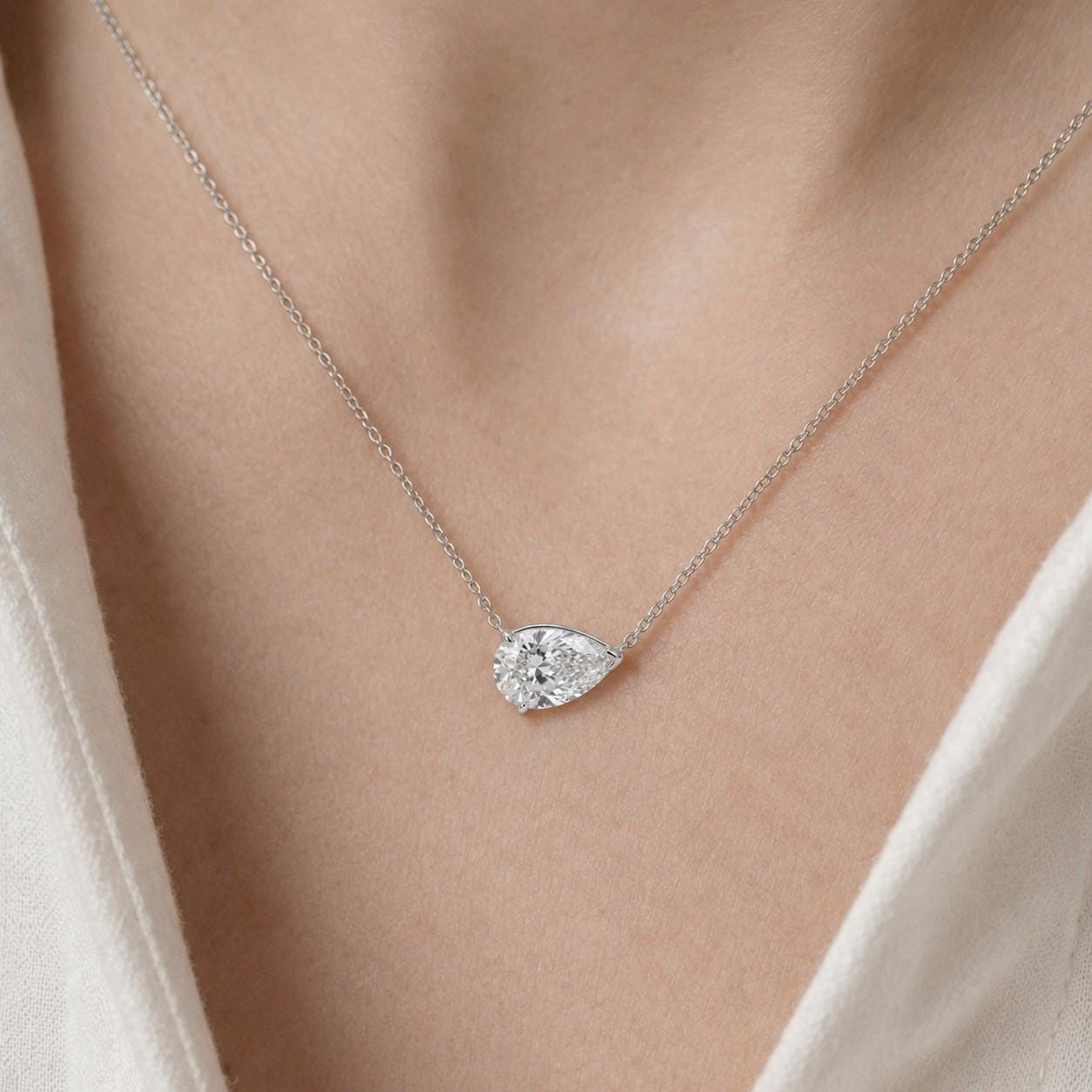 Moissanite Necklace, April Birthstone Pear Pendant, East West Diamond Alternative Solitaire, Dainty Birthday Gift for Her