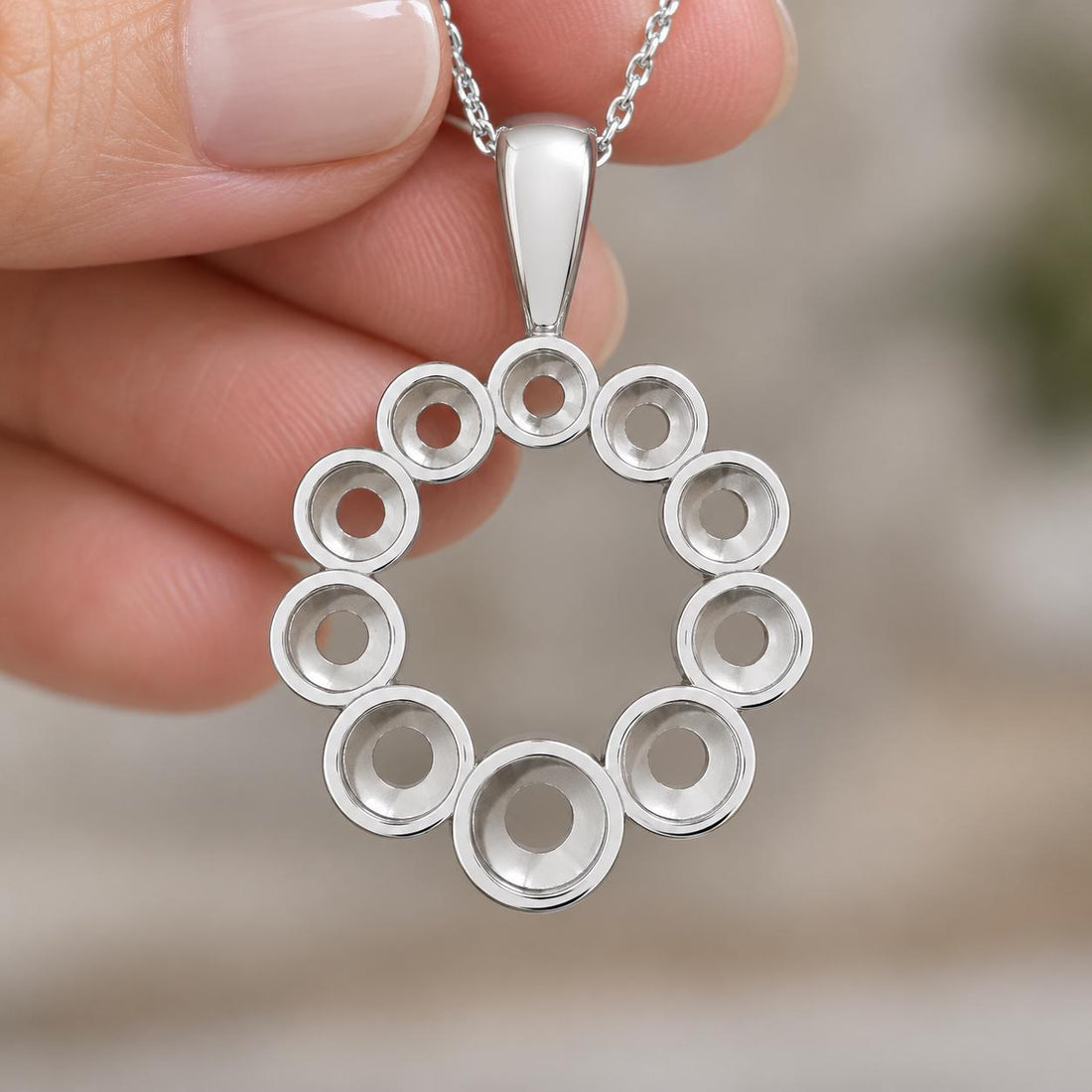 Wreath Pendant Setting with 10 Graduated Round Cups 2.8 to 4.5mm, 925 Sterling Silver Semi Mount, Teardrop Bail, Empty Pendant Mount