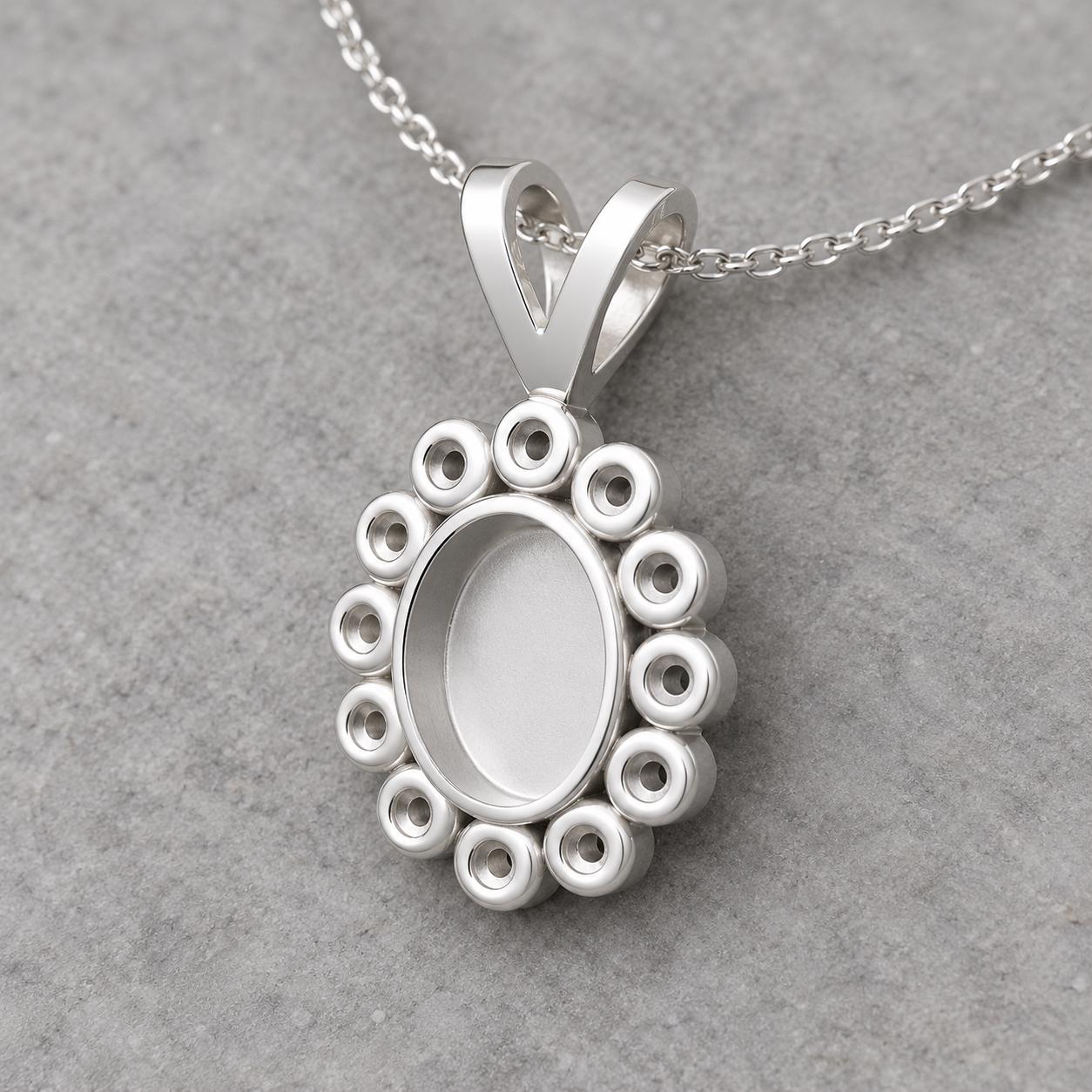 Oval Rosette Pendant Mount 5x7mm Center Seat Ringed by 12 Round Cups, Closed Floor 925 Sterling Silver Semi Mount, V Bail