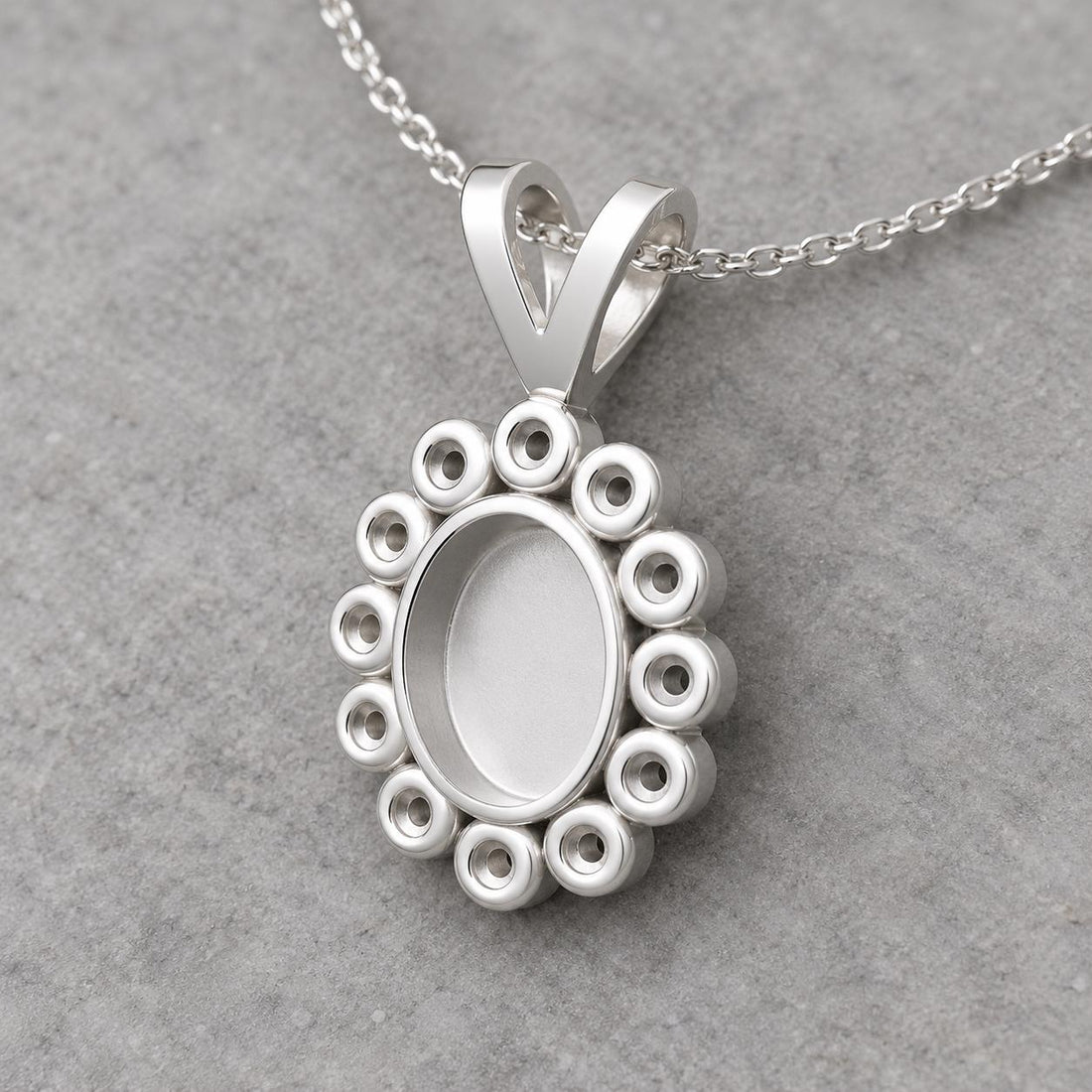 Oval Rosette Pendant Mount 5x7mm Center Seat Ringed by 12 Round Cups, Closed Floor 925 Sterling Silver Semi Mount, V Bail