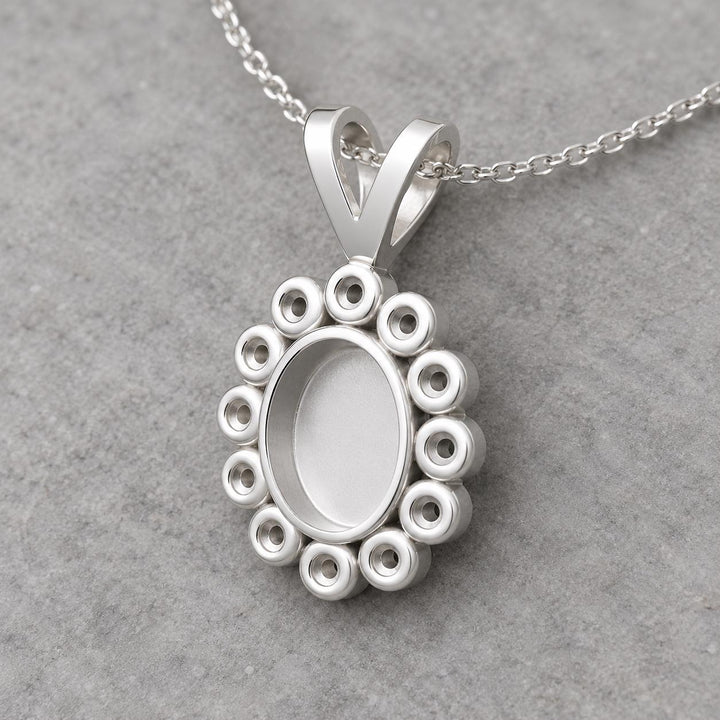 Oval Rosette Pendant Mount 5x7mm Center Seat Ringed by 12 Round Cups, Closed Floor 925 Sterling Silver Semi Mount, V Bail