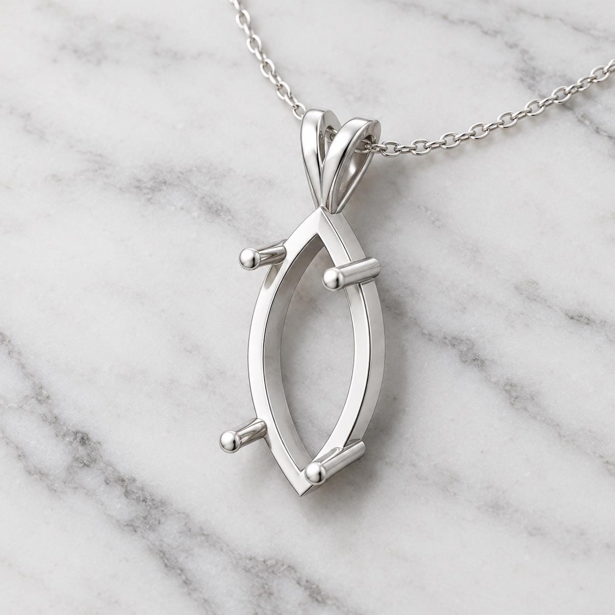 Large Marquise Pendant Setting 16x8mm, Open Frame with 4 Rods, V Looped Bail, 925 Sterling Silver Semi Mount, Empty Blank Pendant