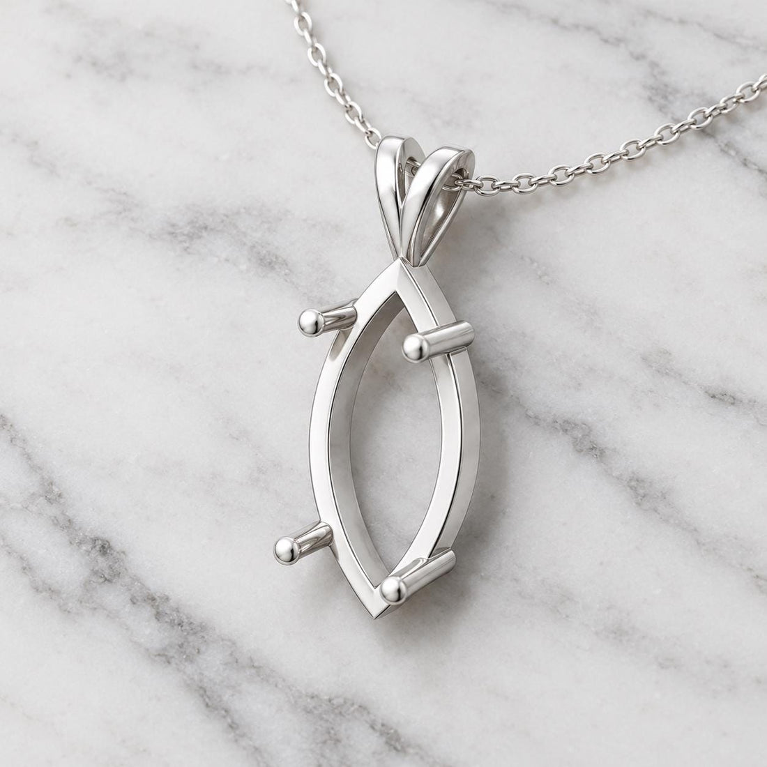 Large Marquise Pendant Setting 16x8mm, Open Frame with 4 Rods, V Looped Bail, 925 Sterling Silver Semi Mount, Empty Blank Pendant