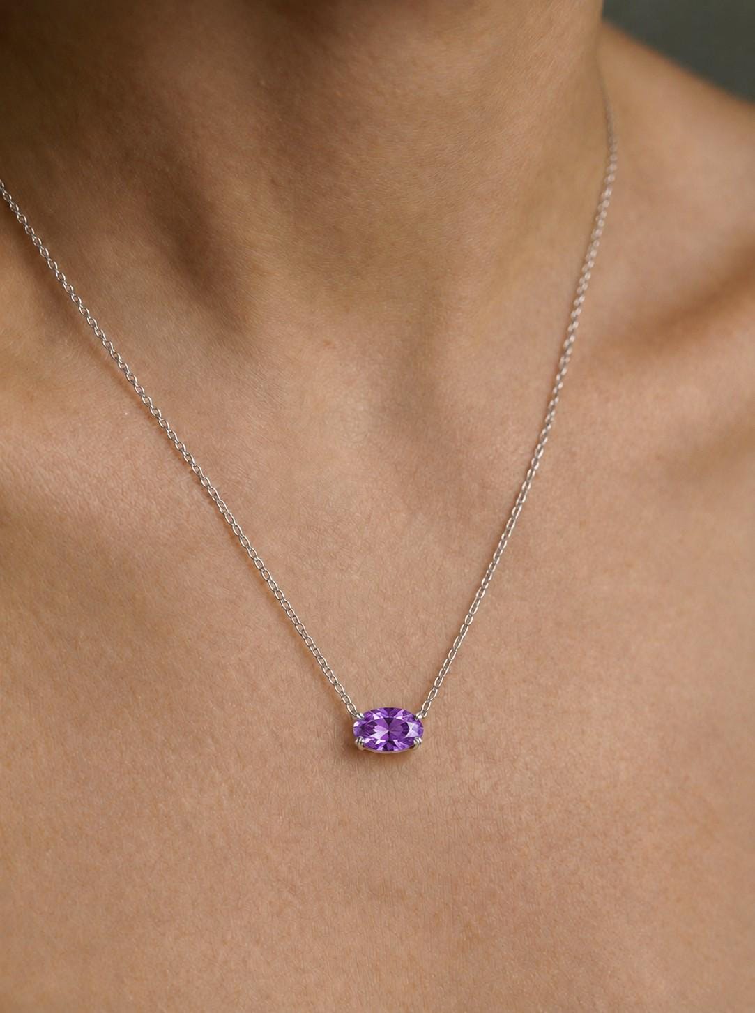 Amethyst Pendant Necklace, February Birthstone Jewelry, East West Oval Solitaire, 925 Sterling Silver Gift for Mom