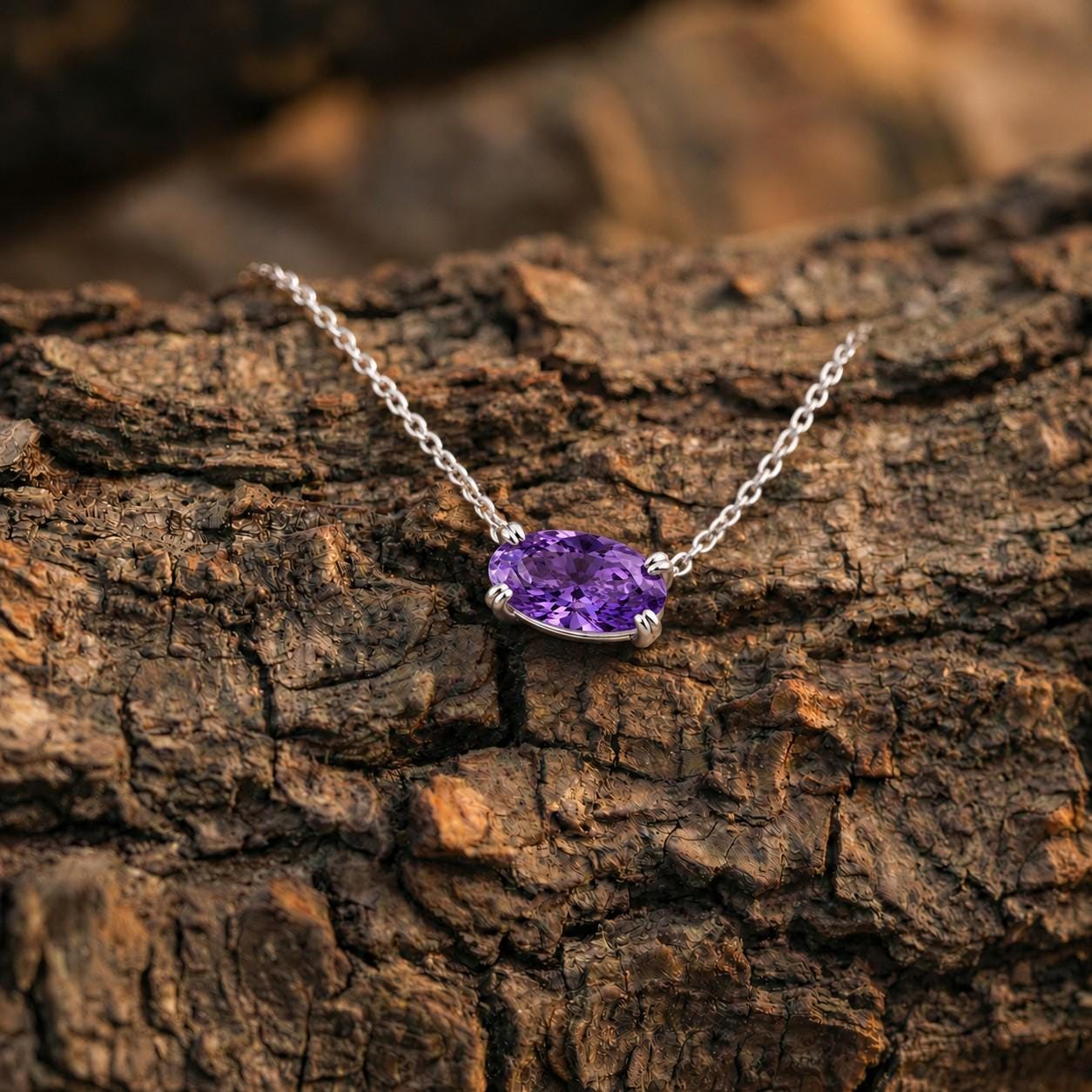 Amethyst Pendant Necklace, February Birthstone Jewelry, East West Oval Solitaire, 925 Sterling Silver Gift for Mom