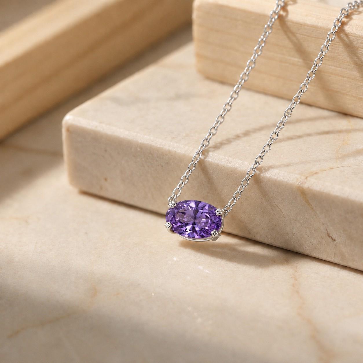 Amethyst Pendant Necklace, February Birthstone Jewelry, East West Oval Solitaire, 925 Sterling Silver Gift for Mom