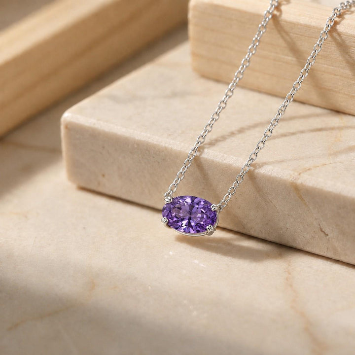 Amethyst Pendant Necklace, February Birthstone Jewelry, East West Oval Solitaire, 925 Sterling Silver Gift for Mom