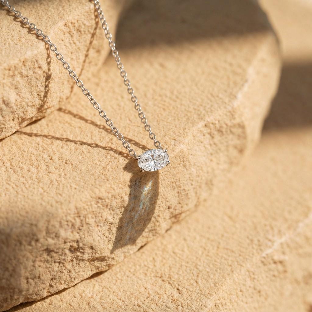 Moissanite Oval Pendant, April Birthstone Necklace, East West Diamond Alternative, Dainty 925 Sterling Silver, Gift for Her