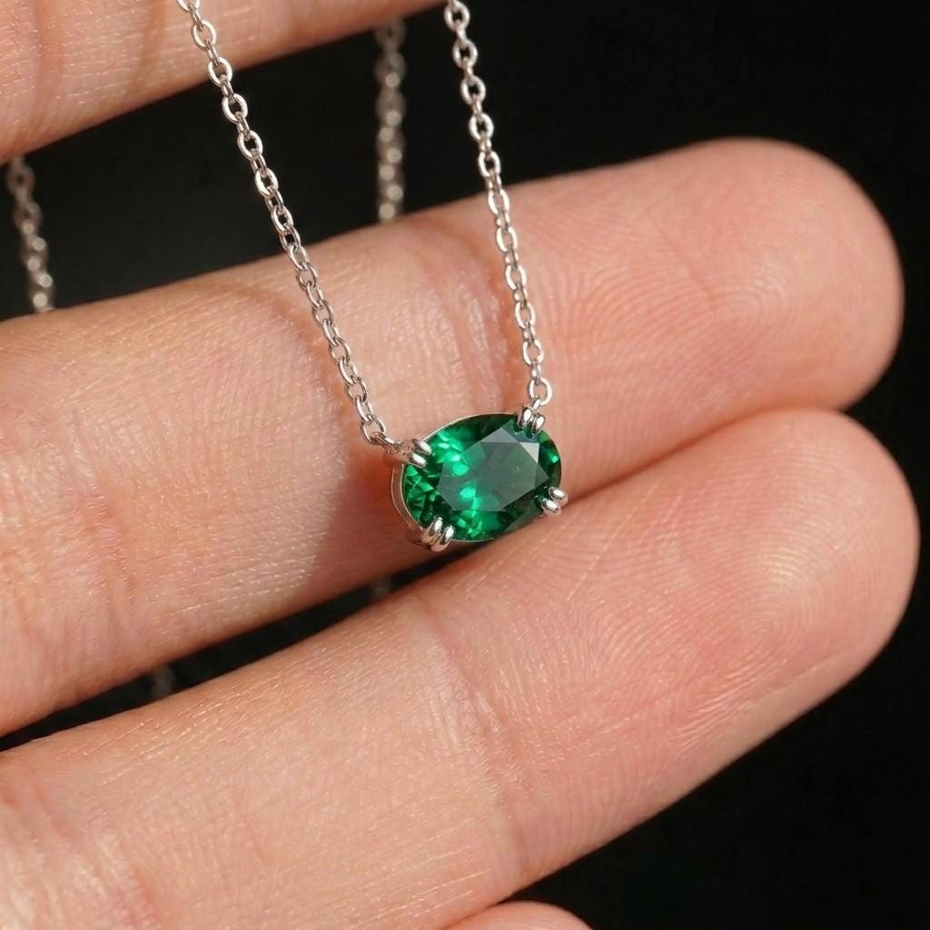 East West Emerald Necklace, May Birthstone Oval Pendant, Green Solitaire, Dainty 925 Sterling Silver, Mothers Day Gift