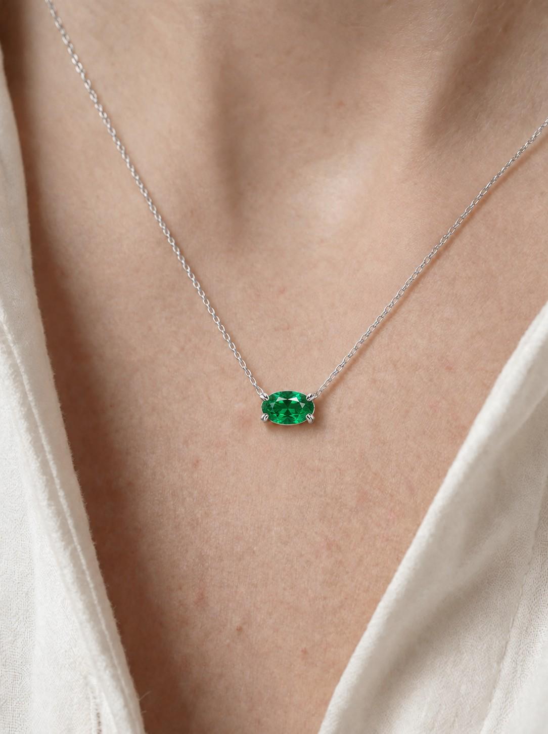 East West Emerald Necklace, May Birthstone Oval Pendant, Green Solitaire, Dainty 925 Sterling Silver, Mothers Day Gift