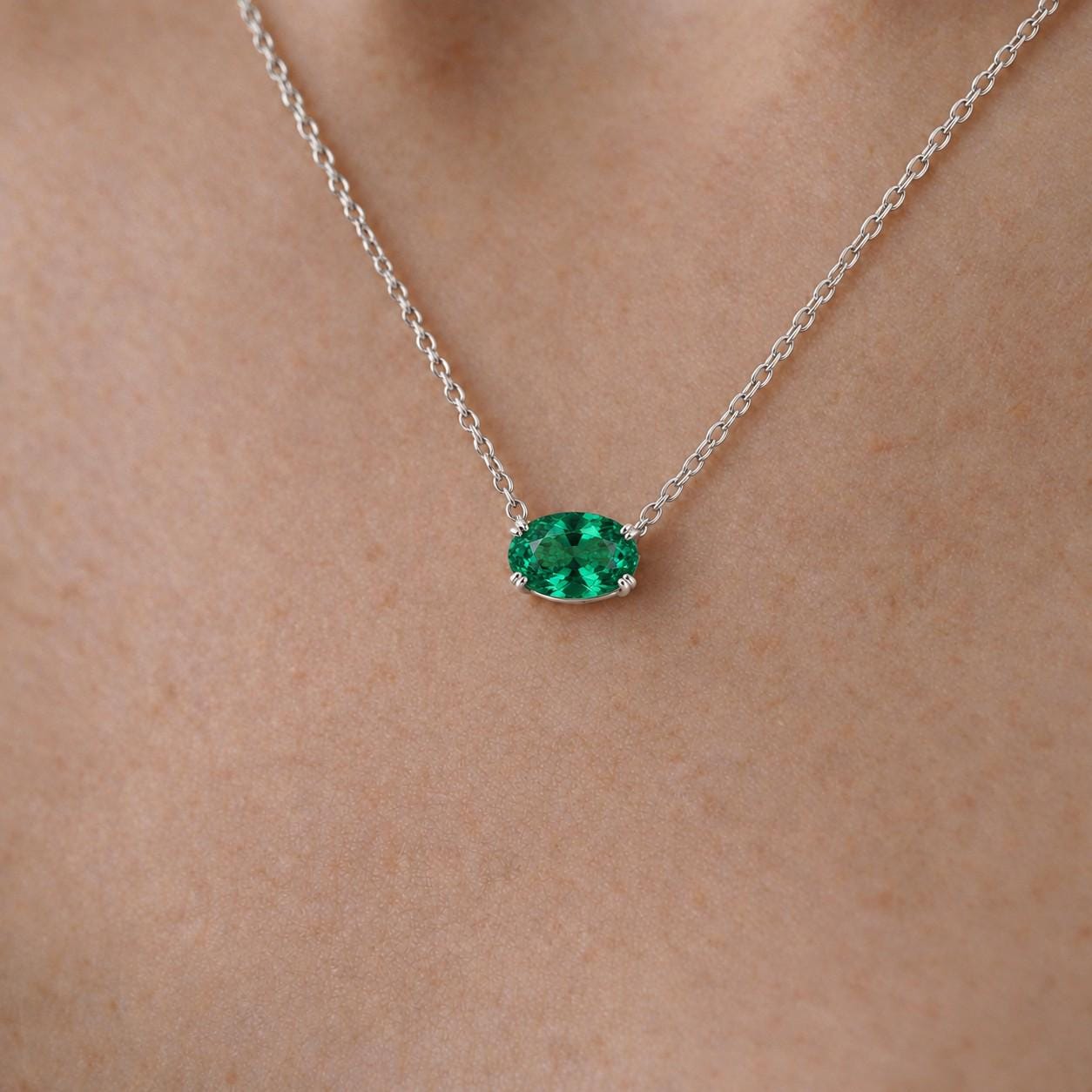 East West Emerald Necklace, May Birthstone Oval Pendant, Green Solitaire, Dainty 925 Sterling Silver, Mothers Day Gift