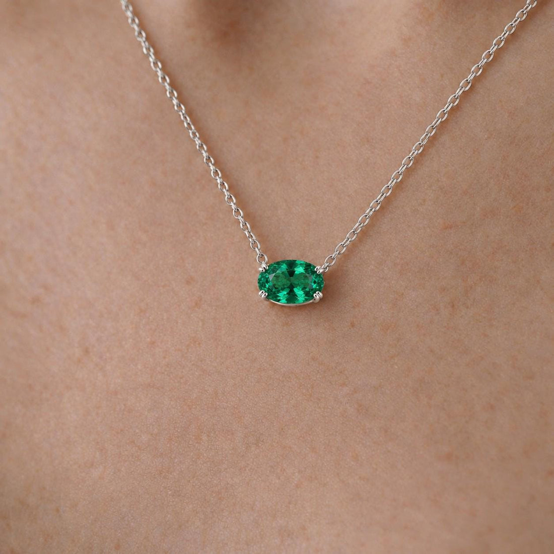 East West Emerald Necklace, May Birthstone Oval Pendant, Green Solitaire, Dainty 925 Sterling Silver, Mothers Day Gift