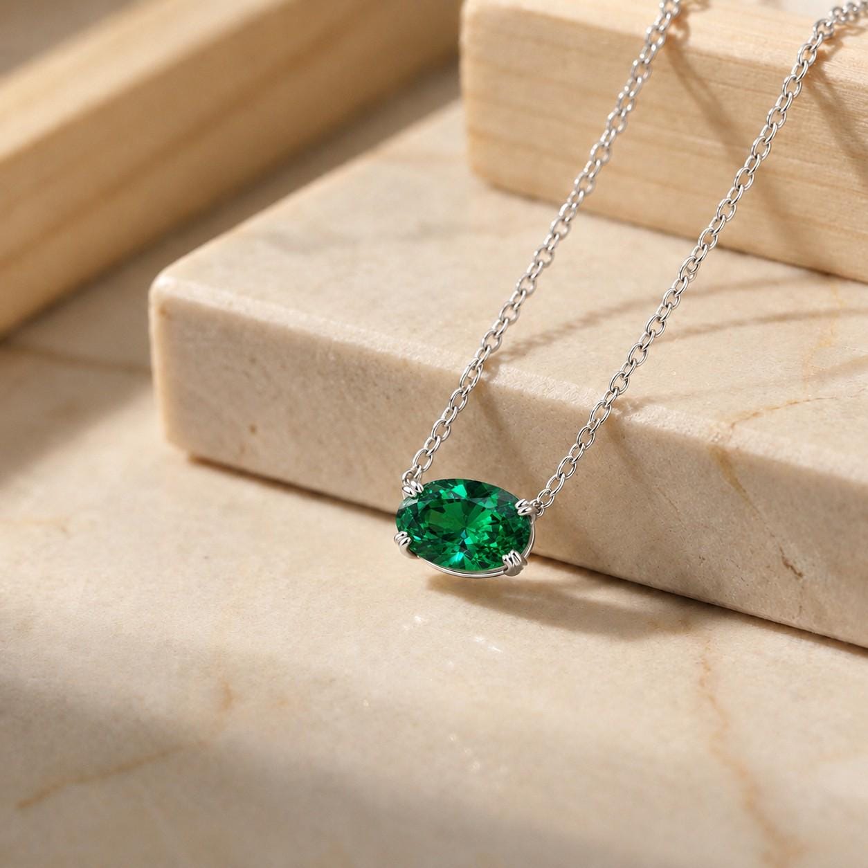 East West Emerald Necklace, May Birthstone Oval Pendant, Green Solitaire, Dainty 925 Sterling Silver, Mothers Day Gift
