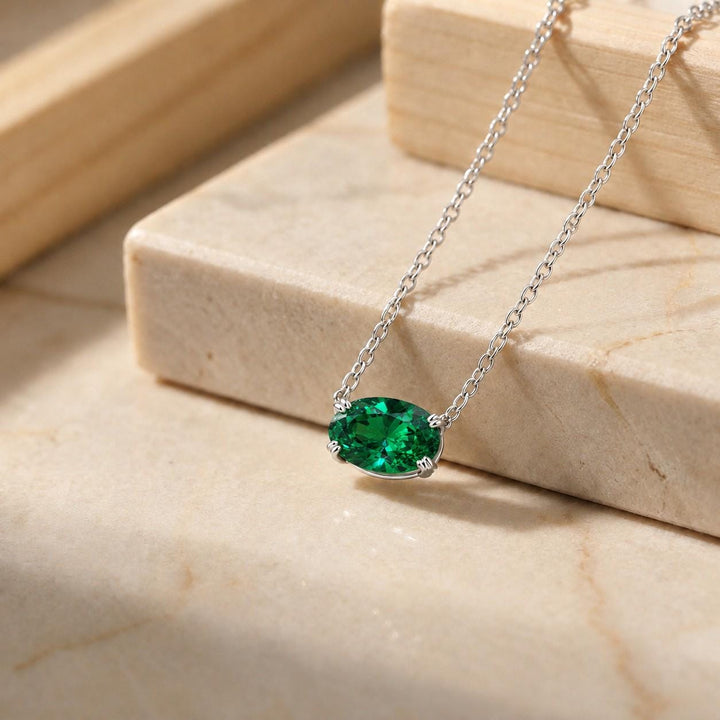 East West Emerald Necklace, May Birthstone Oval Pendant, Green Solitaire, Dainty 925 Sterling Silver, Mothers Day Gift