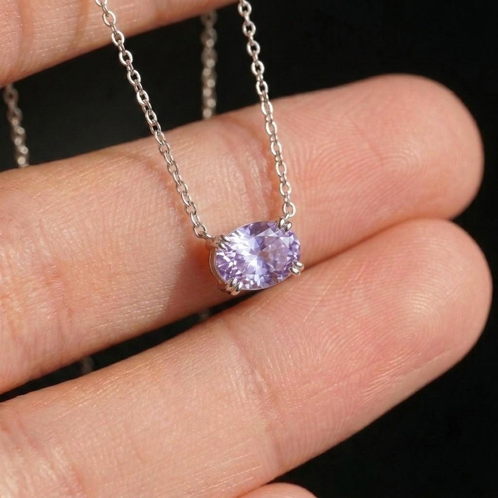 Lavender Alexandrite Pendant, June Birthstone Oval Necklace, East West Solitaire, 925 Sterling Silver Birthday Gift for Her