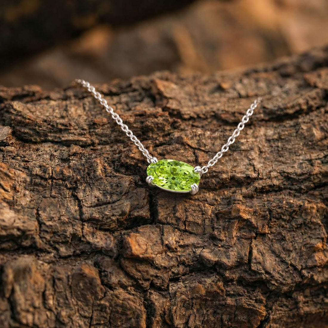 Peridot Oval Solitaire Necklace, August Birthstone Pendant Necklace, East West Green Stone, 925 Sterling Silver Necklace Gift for Her