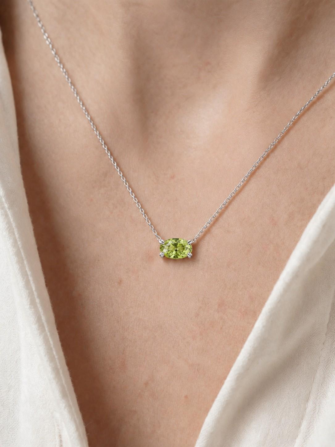 Peridot Oval Solitaire Necklace, August Birthstone Pendant Necklace, East West Green Stone, 925 Sterling Silver Necklace Gift for Her