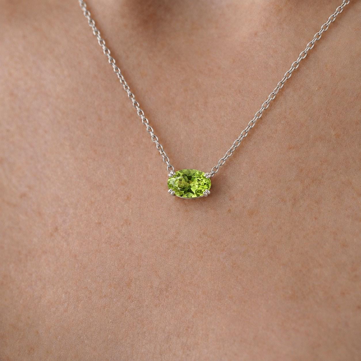 Peridot Oval Solitaire Necklace, August Birthstone Pendant Necklace, East West Green Stone, 925 Sterling Silver Necklace Gift for Her