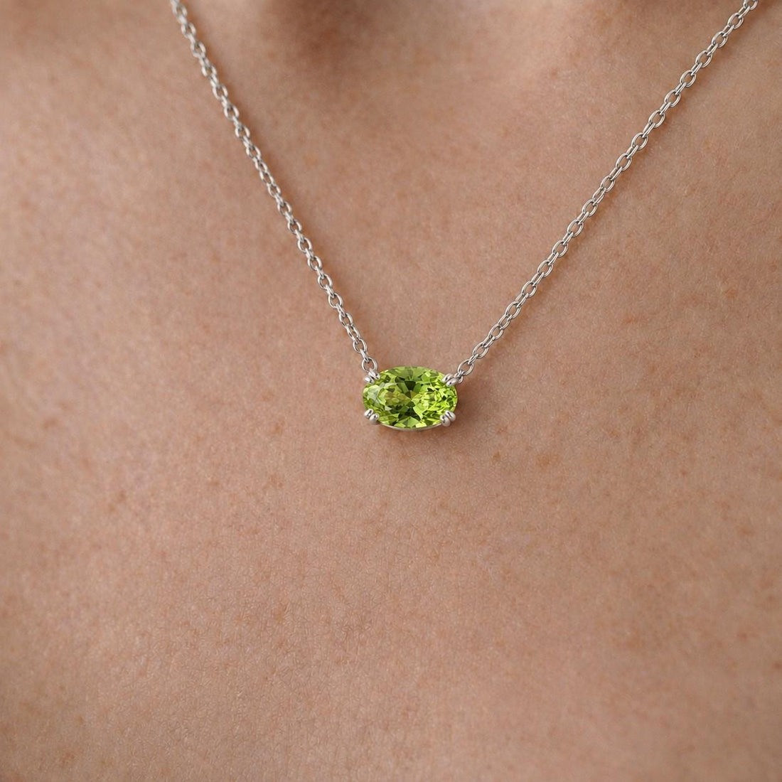 Peridot Oval Solitaire Necklace, August Birthstone Pendant Necklace, East West Green Stone, 925 Sterling Silver Necklace Gift for Her