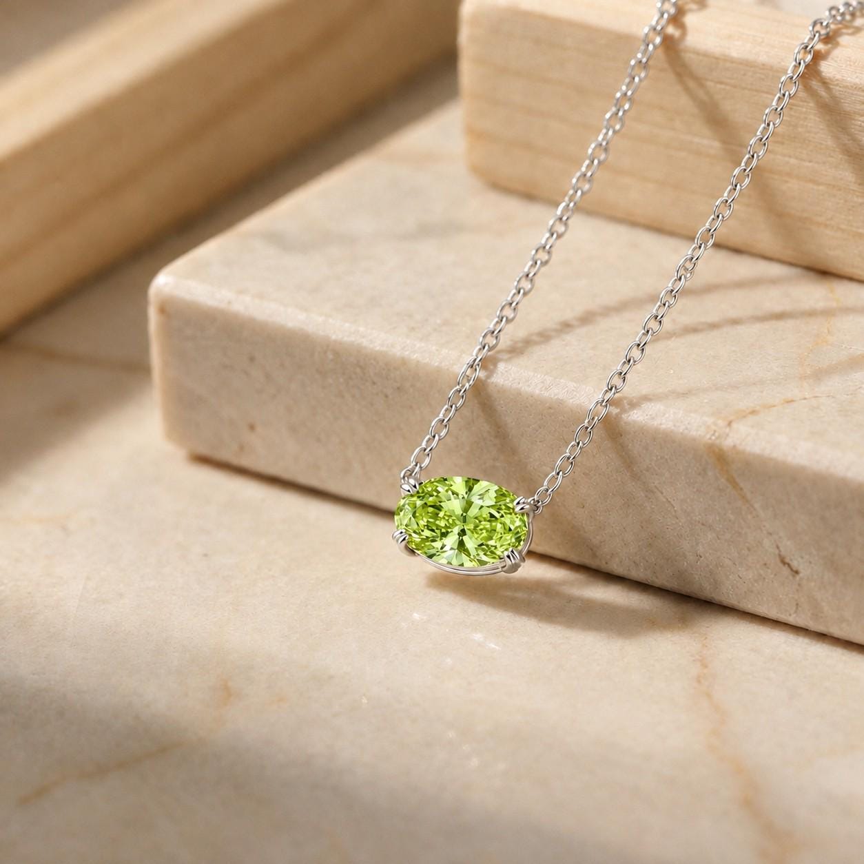 Peridot Oval Solitaire Necklace, August Birthstone Pendant Necklace, East West Green Stone, 925 Sterling Silver Necklace Gift for Her
