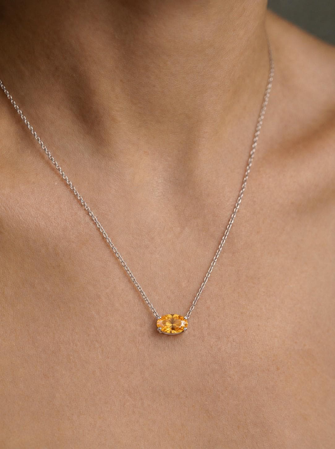 Golden Citrine Necklace, November Birthstone Gift, East West Oval Pendant, Dainty Solitaire, 925 Sterling Silver Mothers Day Gift