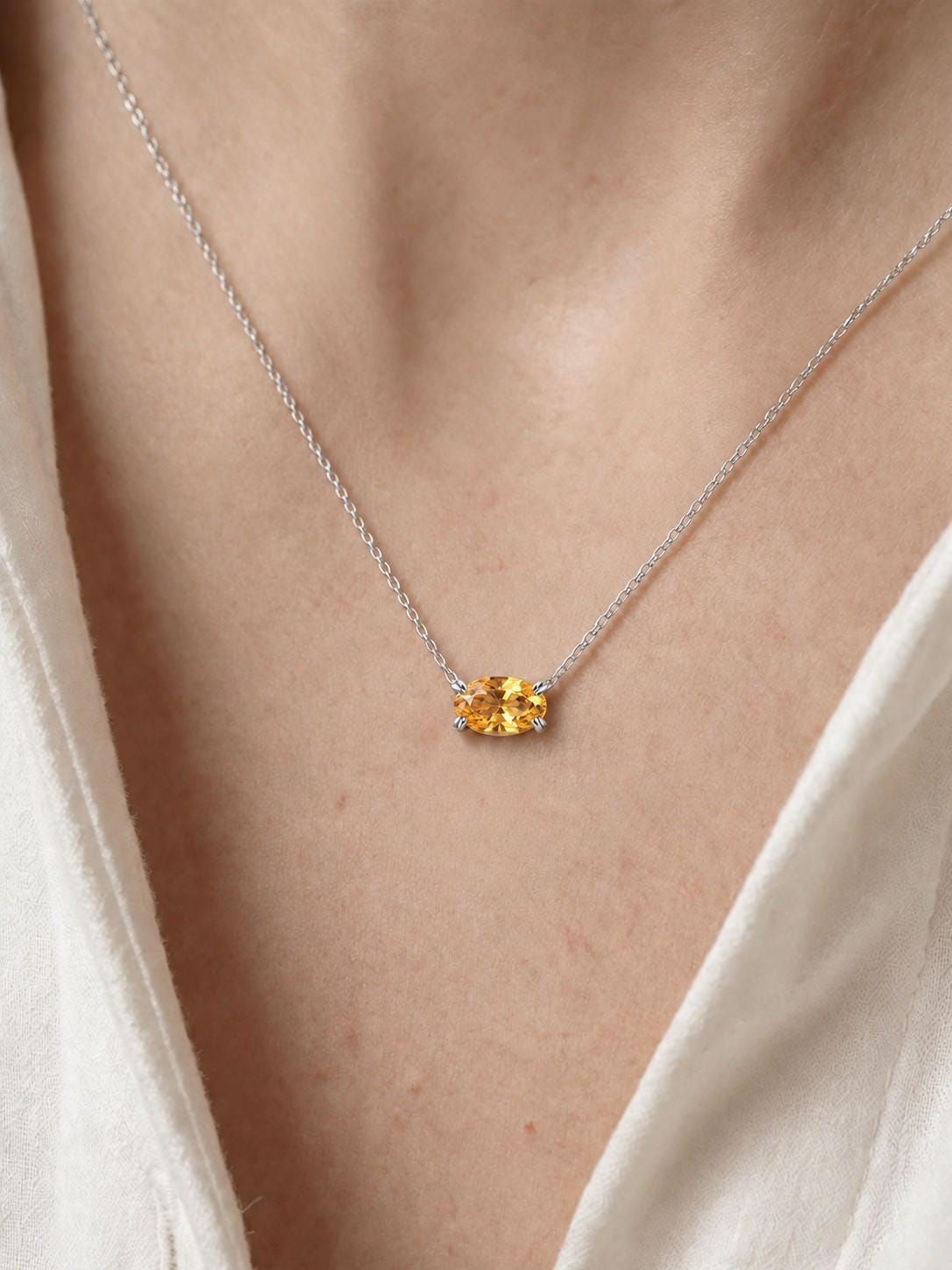 Golden Citrine Necklace, November Birthstone Gift, East West Oval Pendant, Dainty Solitaire, 925 Sterling Silver Mothers Day Gift