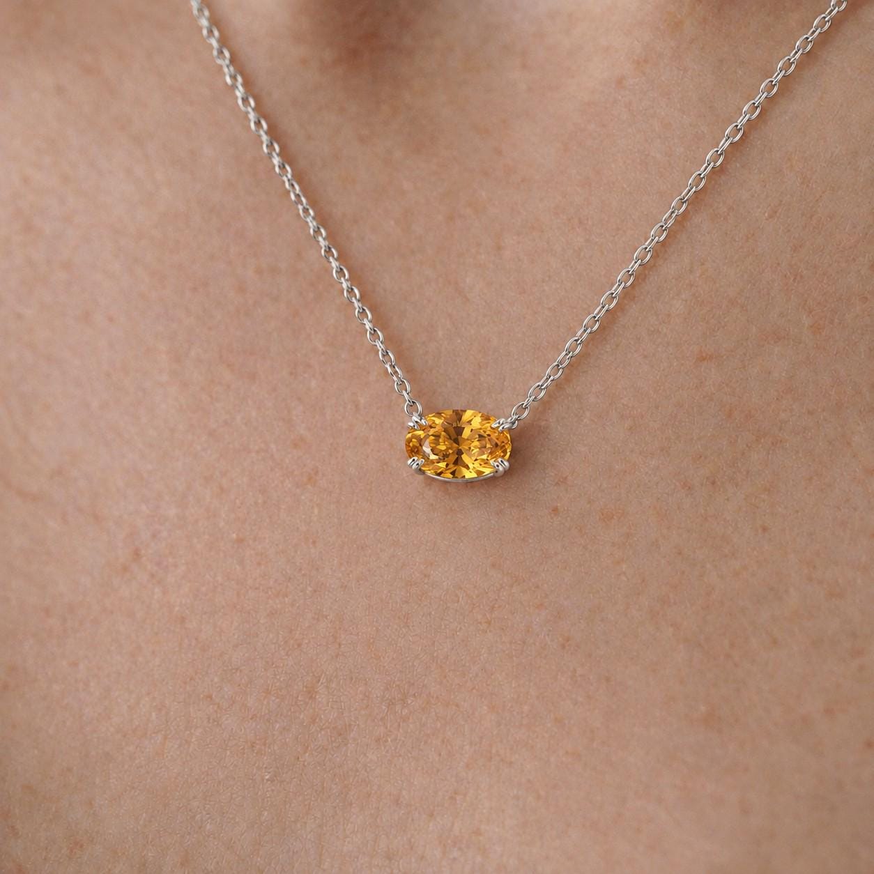 Golden Citrine Necklace, November Birthstone Gift, East West Oval Pendant, Dainty Solitaire, 925 Sterling Silver Mothers Day Gift