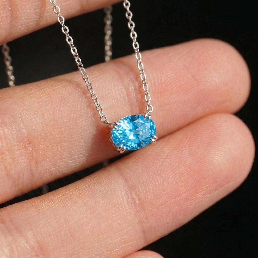 Sky Blue Topaz Necklace, December Birthstone Oval Pendant, East West Solitaire, 925 Sterling Silver Birthday Gift for Her