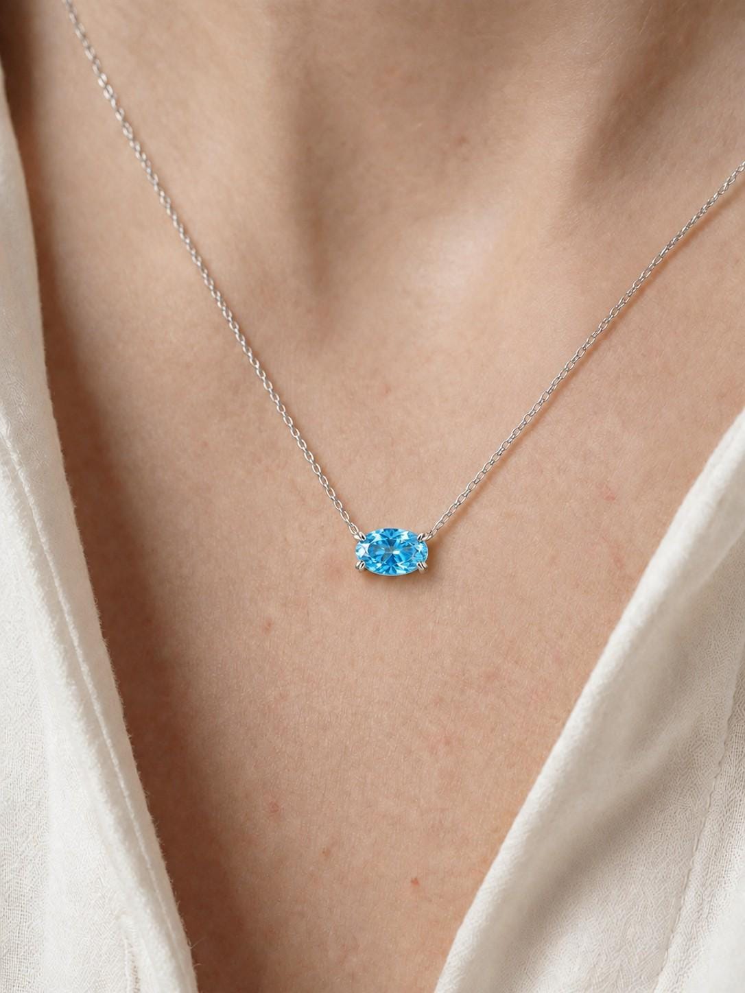 Sky Blue Topaz Necklace, December Birthstone Oval Pendant, East West Solitaire, 925 Sterling Silver Birthday Gift for Her