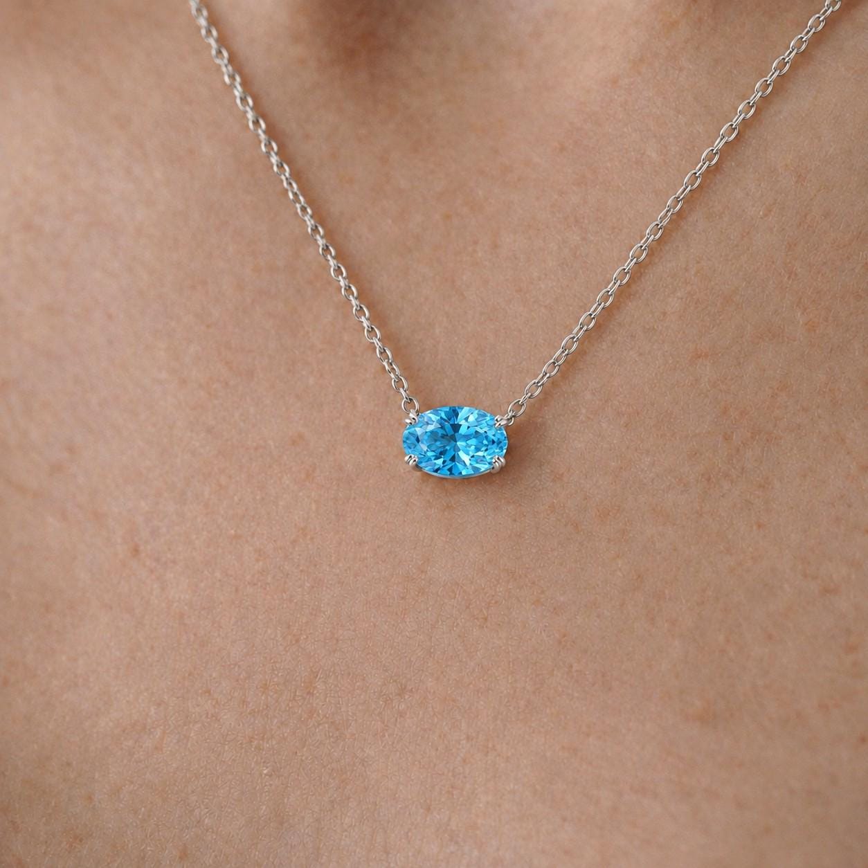 Sky Blue Topaz Necklace, December Birthstone Oval Pendant, East West Solitaire, 925 Sterling Silver Birthday Gift for Her
