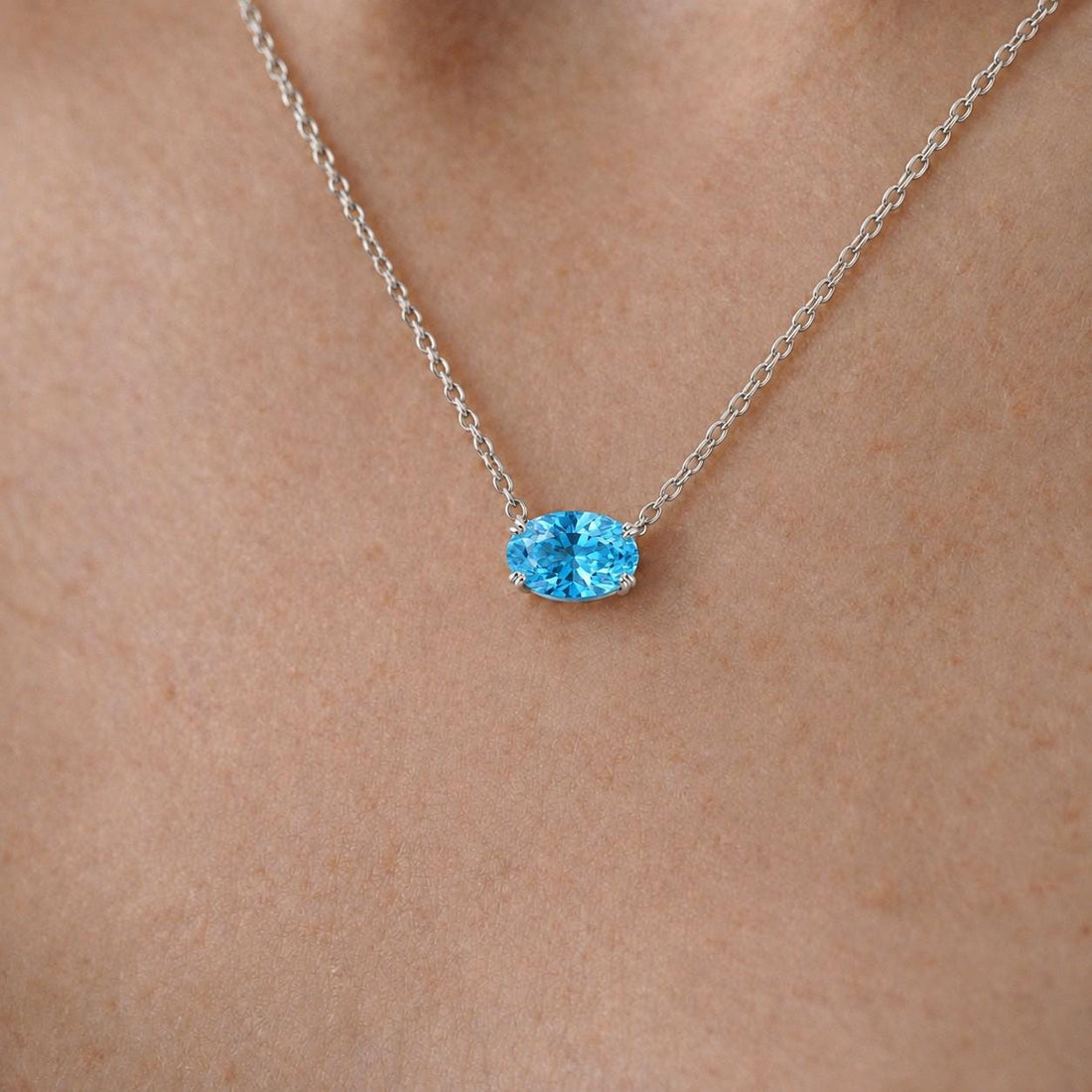 Sky Blue Topaz Necklace, December Birthstone Oval Pendant, East West Solitaire, 925 Sterling Silver Birthday Gift for Her