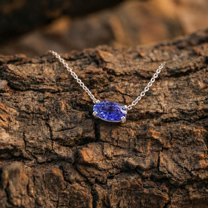 Tanzanite Blue Violet Pendant, December Birthstone Gift, East West Oval Necklace, Dainty 925 Sterling Silver, Gift for Mom