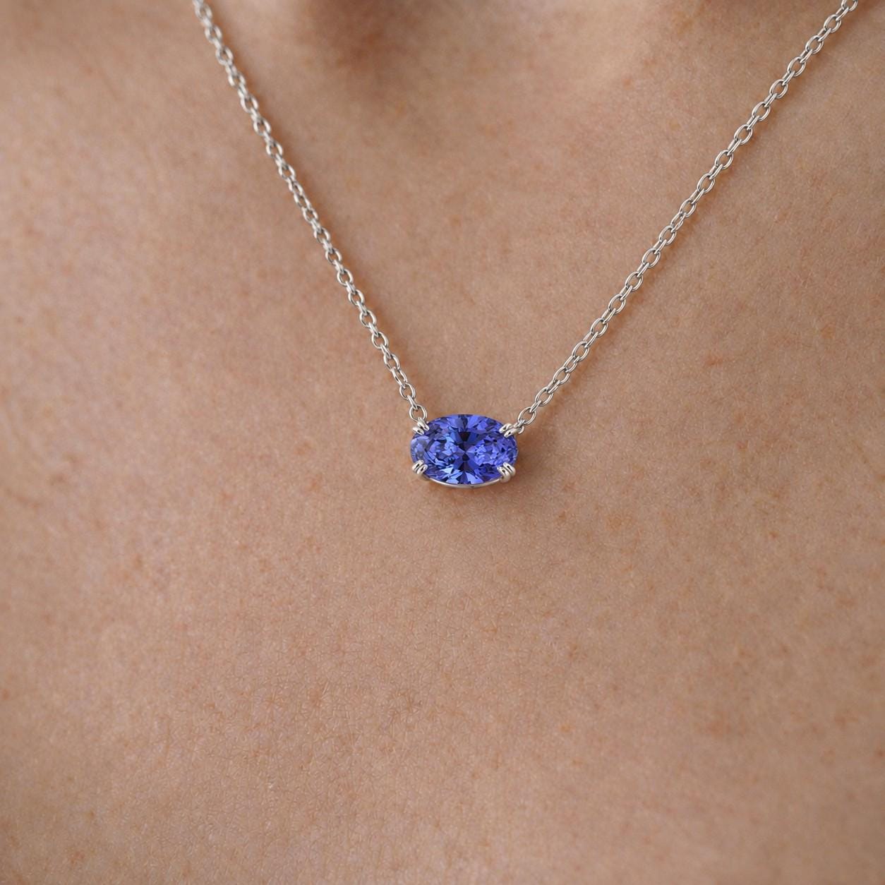 Tanzanite Blue Violet Pendant, December Birthstone Gift, East West Oval Necklace, Dainty 925 Sterling Silver, Gift for Mom