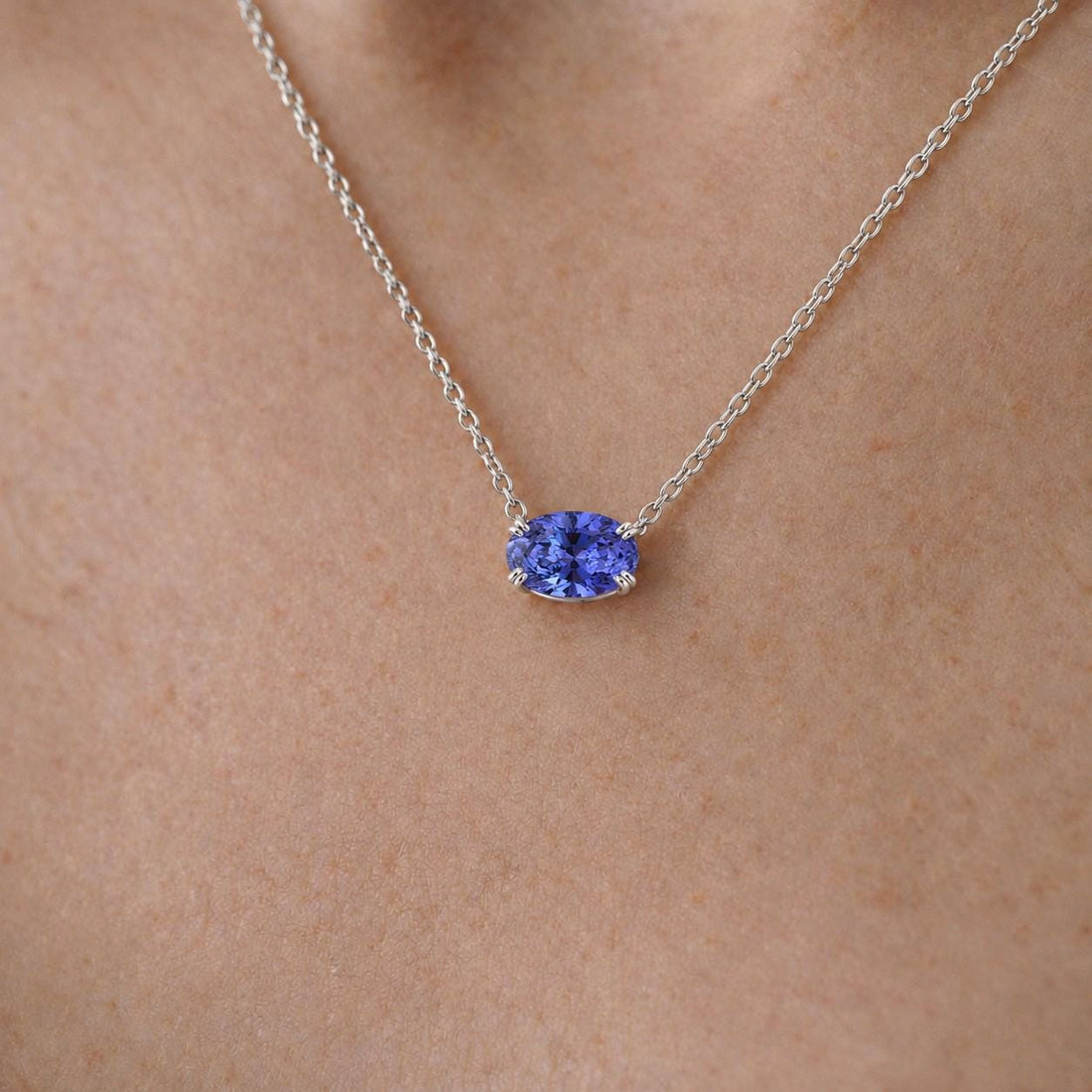 Tanzanite Blue Violet Pendant, December Birthstone Gift, East West Oval Necklace, Dainty 925 Sterling Silver, Gift for Mom