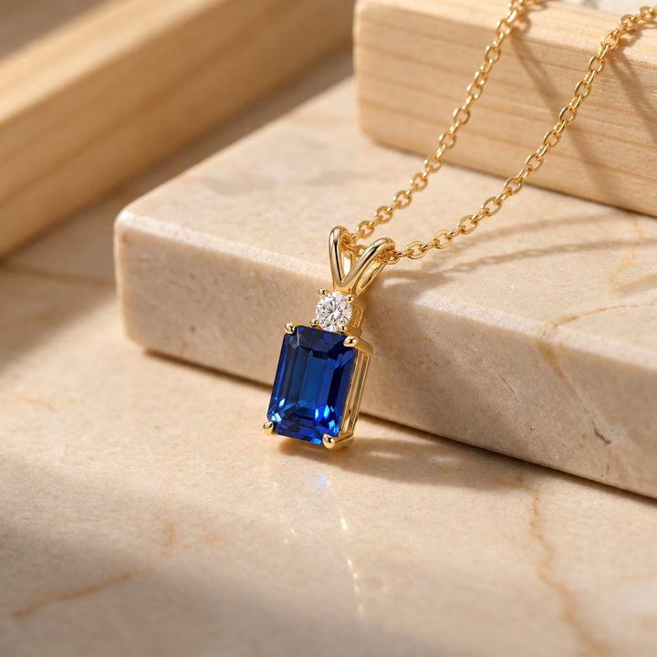 Lab Created Blue Sapphire Necklace, Emerald Cut Sapphire Pendant, Art Deco September Birthstone Necklace, 925 Sterling Silver, Gift for Her