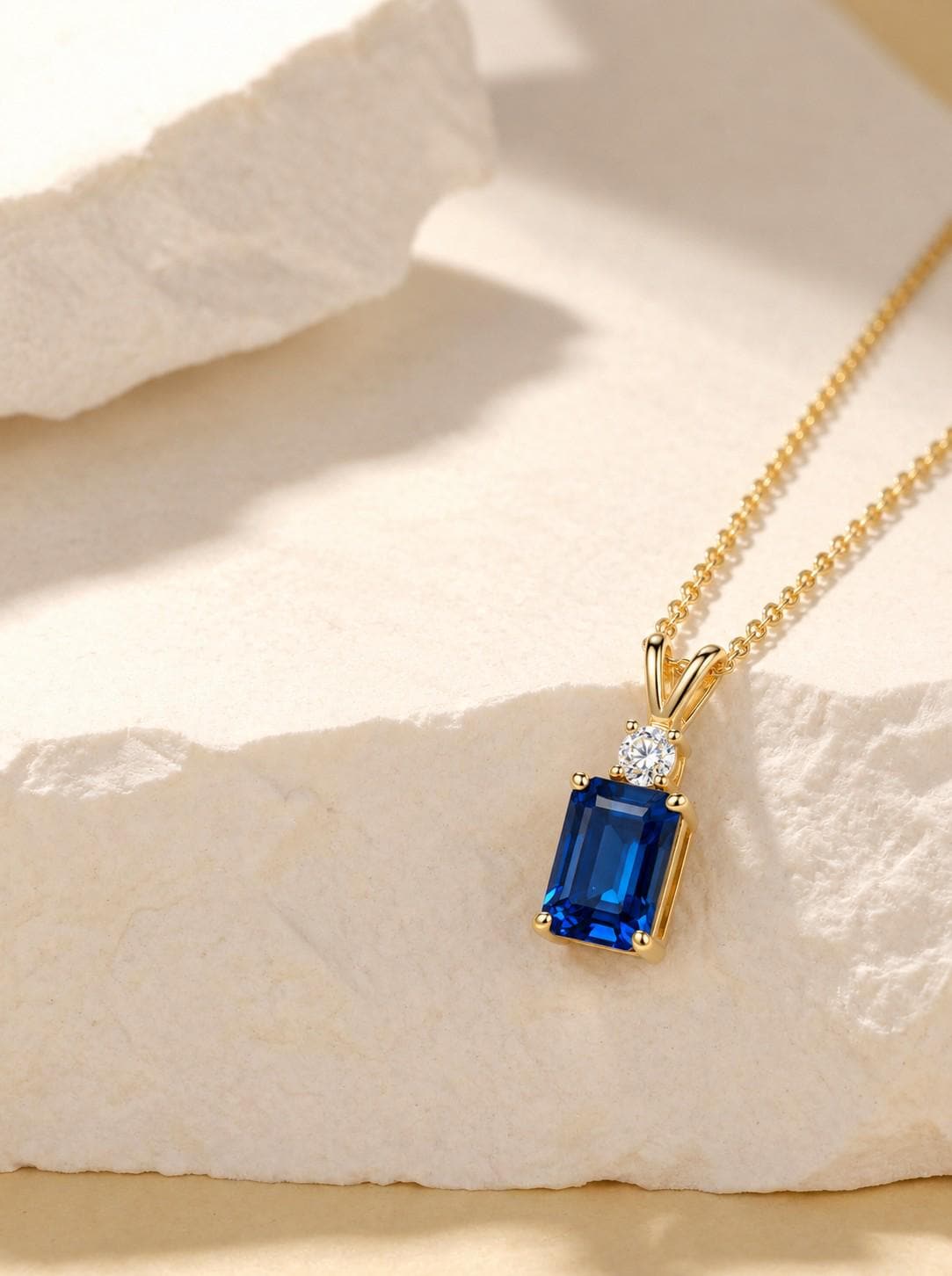 Lab Created Blue Sapphire Necklace, Emerald Cut Sapphire Pendant, Art Deco September Birthstone Necklace, 925 Sterling Silver, Gift for Her