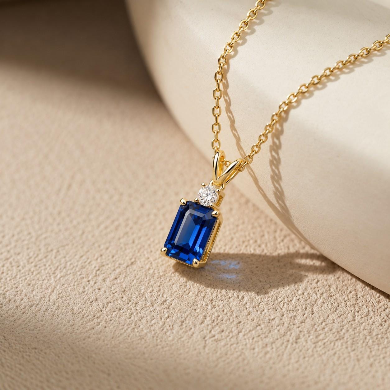 Lab Created Blue Sapphire Necklace, Emerald Cut Sapphire Pendant, Art Deco September Birthstone Necklace, 925 Sterling Silver, Gift for Her